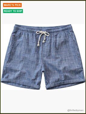 Men's 7 Inch Chambray Shorts Elastic Waist Drawstring Lightweight Cotton